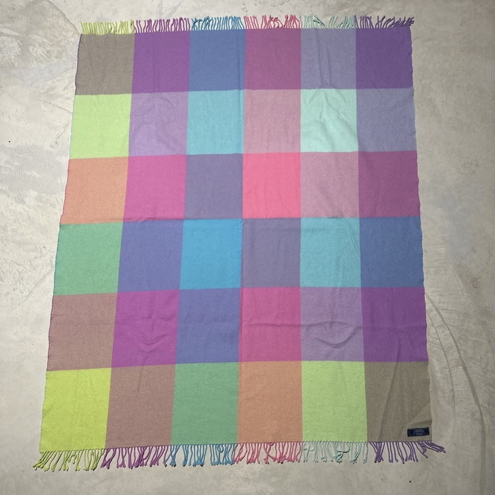 Vintage Scottish Wool Blanket Throw Lambswool Gordon Plaid Pink Colorful